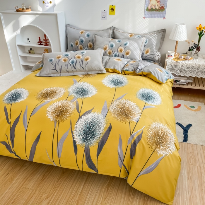 91家纺网 家纺一手货源 找家纺 金爱家 2021新款全棉活性花卉系列四件套 希尔黄风格1