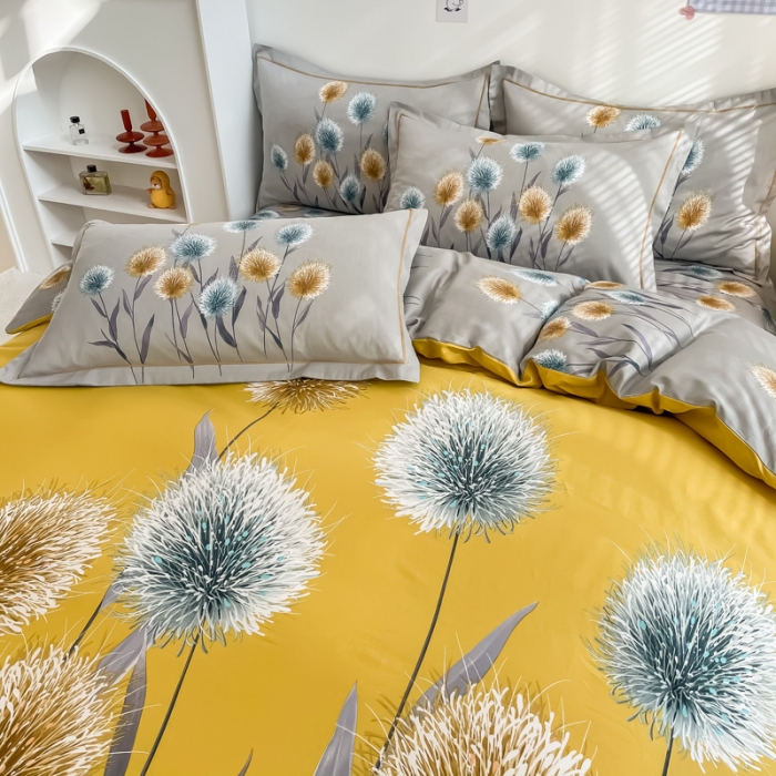 91家纺网 家纺一手货源 找家纺 金爱家 2021新款全棉活性花卉系列四件套 希尔黄风格1