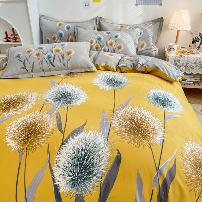 91家纺网 家纺一手货源 找家纺 金爱家 2021新款全棉活性花卉系列四件套 希尔黄风格1