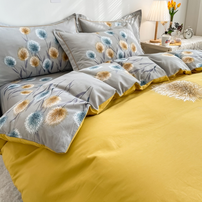 91家纺网 家纺一手货源 找家纺 金爱家 2021新款全棉活性花卉系列四件套 希尔黄风格1