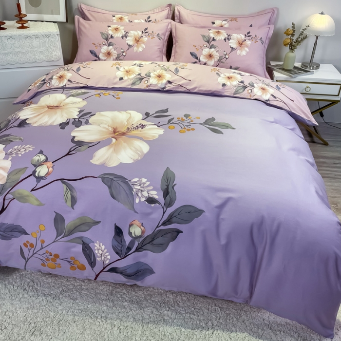 91家纺网 家纺一手货源 找家纺 金爱家 2021新款全棉活性花卉系列四件套 花满庭-紫