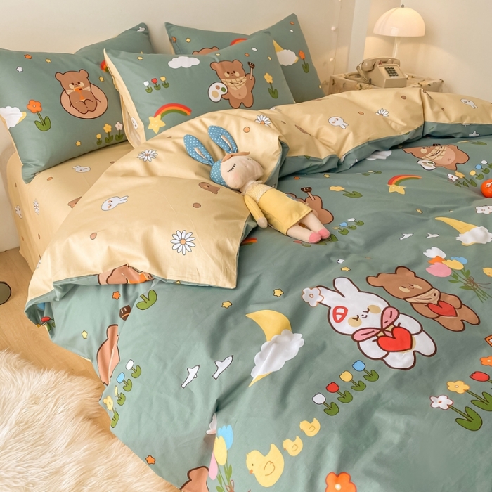 91家纺网 家纺一手货源 找家纺 沐棉家居  2022年新款13370全棉印花四件套直播爆款 快乐玩伴