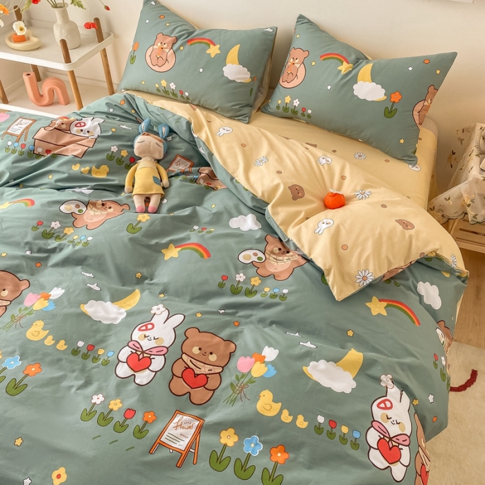 91家纺网 家纺一手货源 找家纺 沐棉家居  2022年新款13370全棉印花四件套直播爆款 快乐玩伴