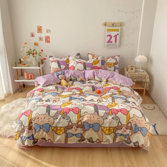 91家纺网 家纺一手货源 找家纺 沐棉家居  2022年新款13370全棉印花四件套直播爆款 喵喵聚会