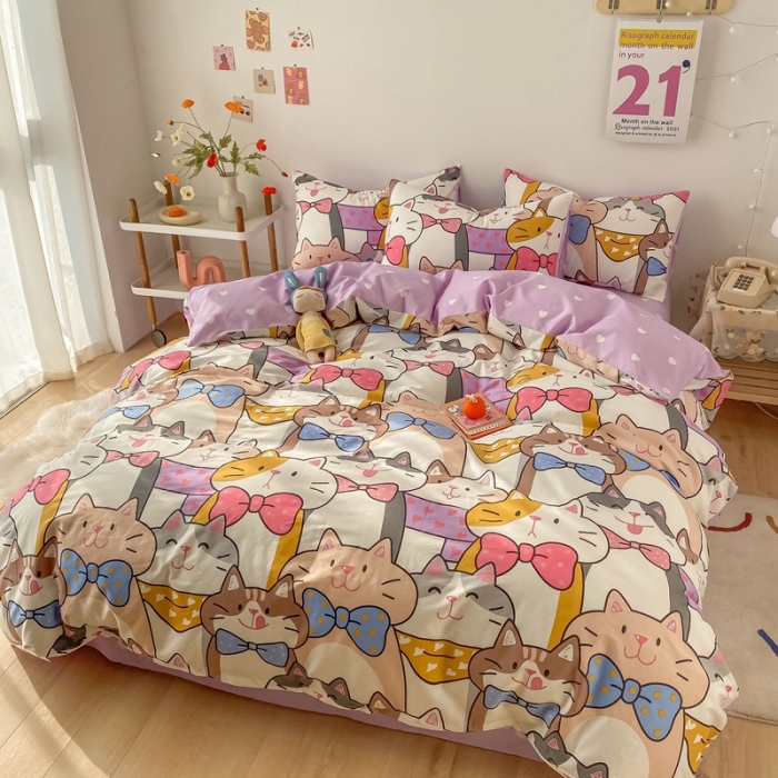 91家纺网 家纺一手货源 找家纺 沐棉家居  2022年新款13370全棉印花四件套直播爆款 喵喵聚会