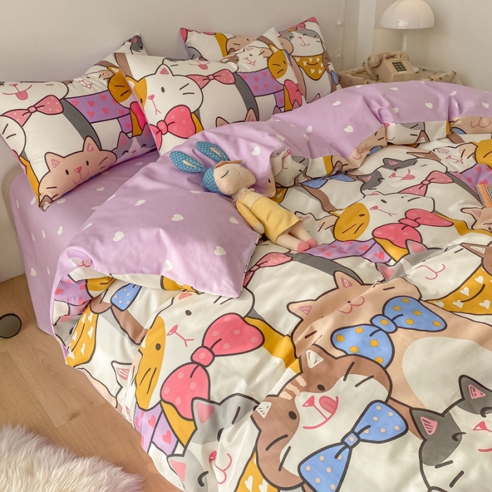 91家纺网 家纺一手货源 找家纺 沐棉家居  2022年新款13370全棉印花四件套直播爆款 喵喵聚会