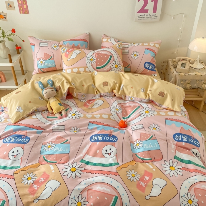 91家纺网 家纺一手货源 找家纺 沐棉家居  2022年新款13370全棉印花四件套直播爆款 甜蜜西瓜汁