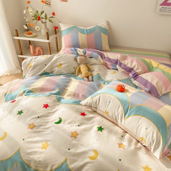 91家纺网 家纺一手货源 找家纺 沐棉家居  2022年新款13370全棉印花四件套直播爆款 月半湾