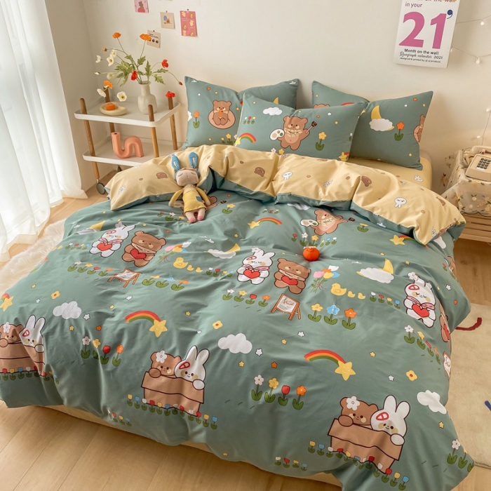 91家纺网 家纺一手货源 找家纺 沐棉家居  2022年新款13370全棉印花四件套直播爆款 快乐玩伴