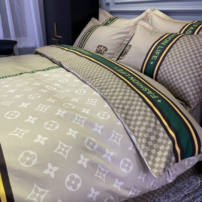 91家纺网 家纺一手货源 找家纺 金爱家 2021新款全棉13372四件套条格简约系列 加州咖