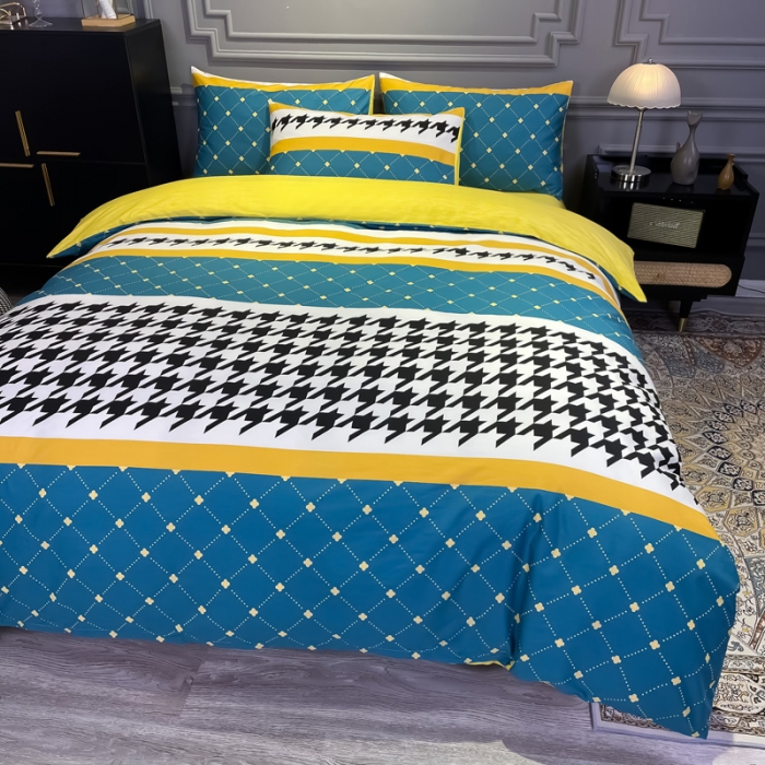 91家纺网 家纺一手货源 找家纺 金爱家 2021新款全棉13372四件套条格简约系列 赛亚