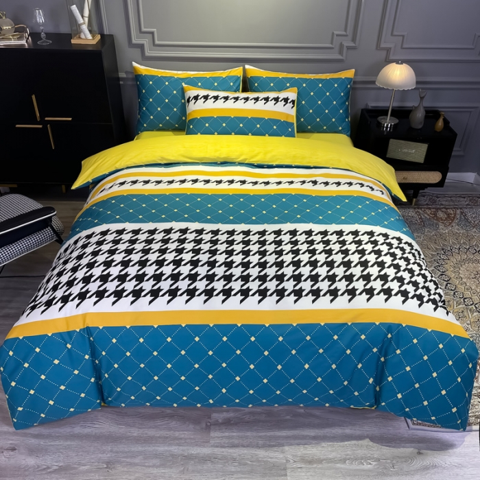 91家纺网 家纺一手货源 找家纺 金爱家 2021新款全棉13372四件套条格简约系列 赛亚