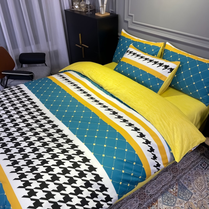 91家纺网 家纺一手货源 找家纺 金爱家 2021新款全棉13372四件套条格简约系列 赛亚