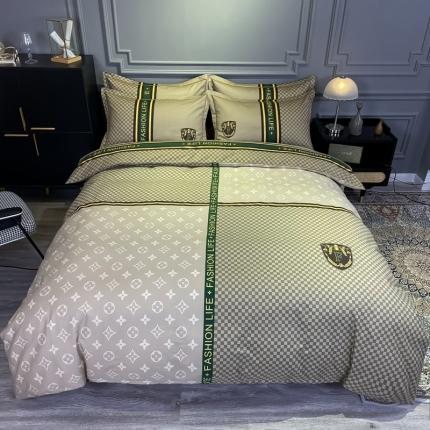 91家纺网 家纺一手货源 找家纺 金爱家 2021新款全棉13372四件套条格简约系列 加州咖