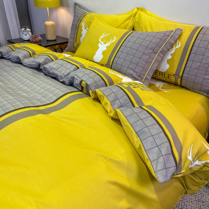 91家纺网 家纺一手货源 找家纺 金爱家 2021新款全棉13372四件套条格简约系列 皇家风情