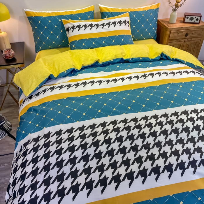 91家纺网 家纺一手货源 找家纺 金爱家 2021新款全棉13372四件套条格简约系列 赛亚