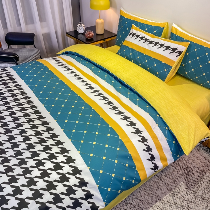 91家纺网 家纺一手货源 找家纺 金爱家 2021新款全棉13372四件套条格简约系列 赛亚