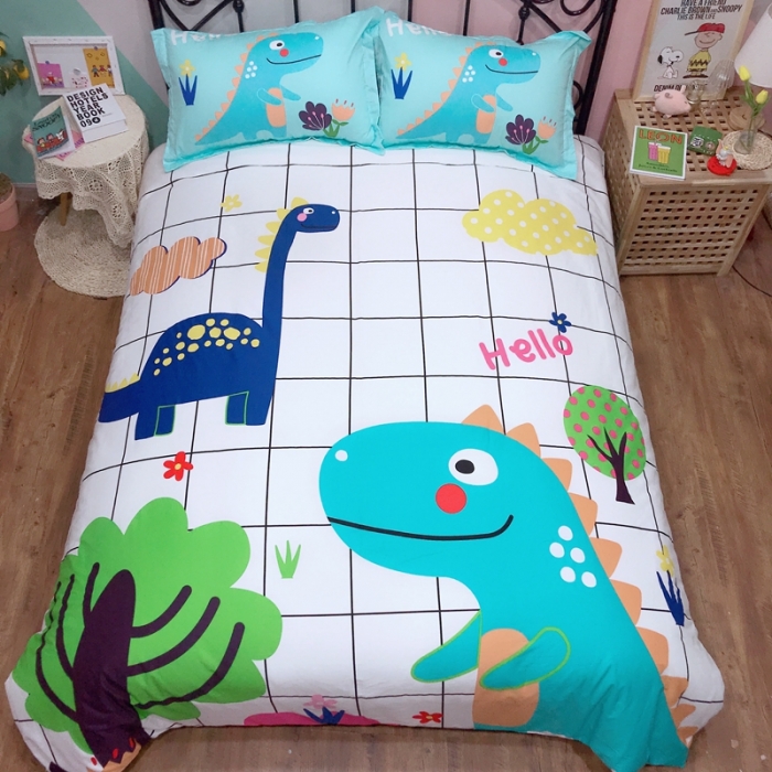 91家纺网 家纺一手货源 找家纺 金爱家 2021新款13070卡通全棉四件套 独家恐龙森林白