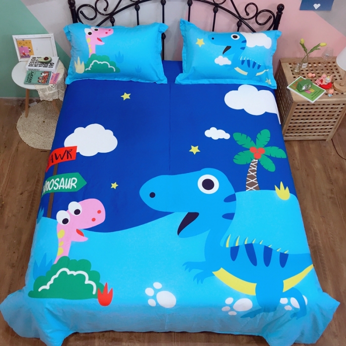 91家纺网 家纺一手货源 找家纺 金爱家 2021新款13070卡通全棉四件套 独家恐龙森林蓝