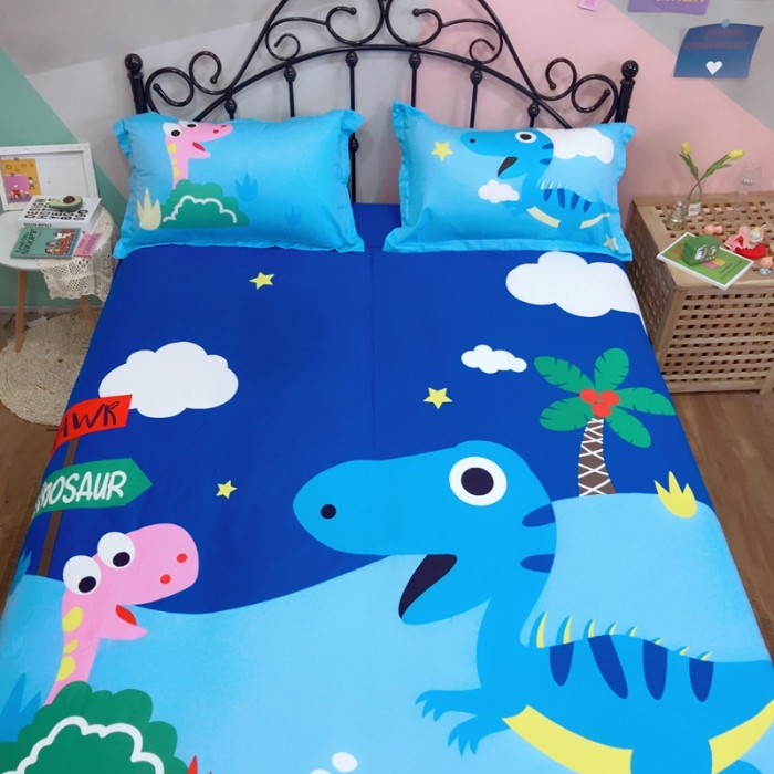 91家纺网 家纺一手货源 找家纺 金爱家 2021新款13070卡通全棉四件套 独家恐龙森林蓝