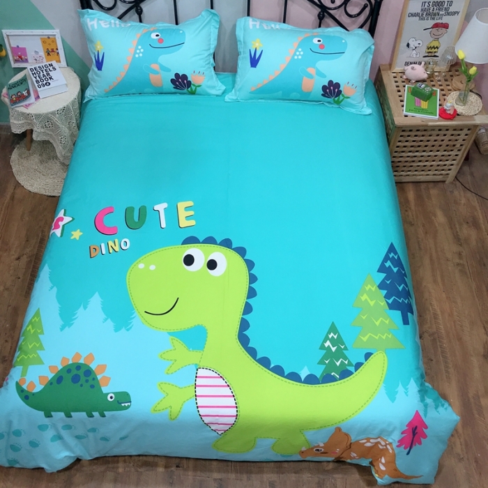 91家纺网 家纺一手货源 找家纺 金爱家 2021新款13070卡通全棉四件套 独家恐龙森林绿