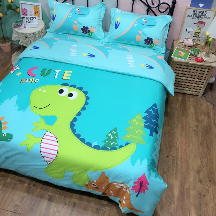 91家纺网 家纺一手货源 找家纺 金爱家 2021新款13070卡通全棉四件套 独家恐龙森林绿