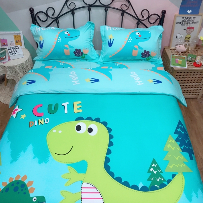 91家纺网 家纺一手货源 找家纺 金爱家 2021新款13070卡通全棉四件套 独家恐龙森林绿