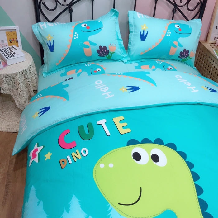 91家纺网 家纺一手货源 找家纺 金爱家 2021新款13070卡通全棉四件套 独家恐龙森林绿