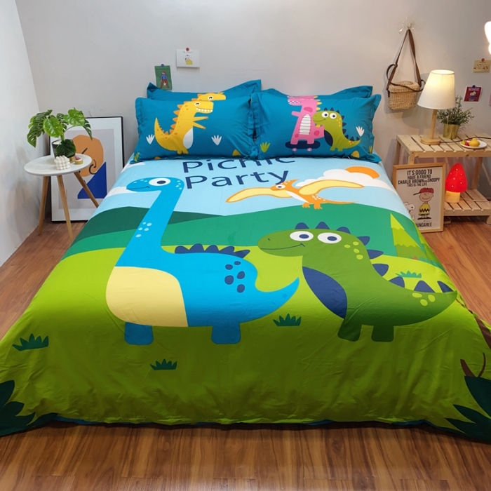 91家纺网 家纺一手货源 找家纺 金爱家 2021新款13070卡通全棉四件套 恐龙家族