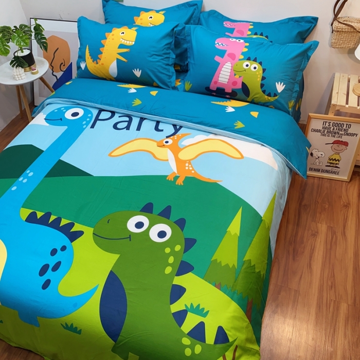 91家纺网 家纺一手货源 找家纺 金爱家 2021新款13070卡通全棉四件套 恐龙家族