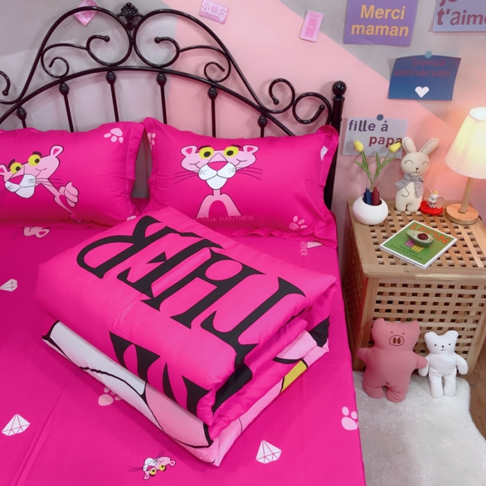 91家纺网 家纺一手货源 找家纺 金爱家 2021新款13070卡通全棉四件套 玫红豹