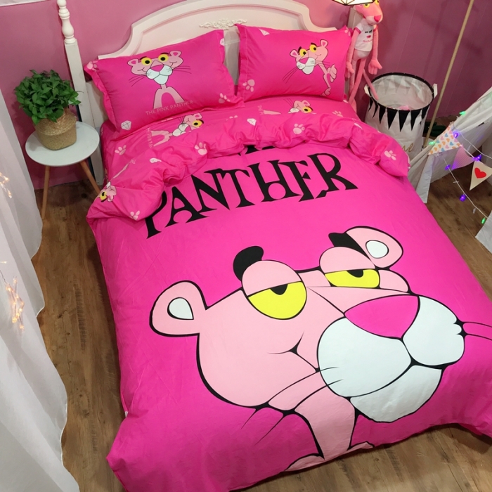 91家纺网 家纺一手货源 找家纺 金爱家 2021新款13070卡通全棉四件套 玫红豹