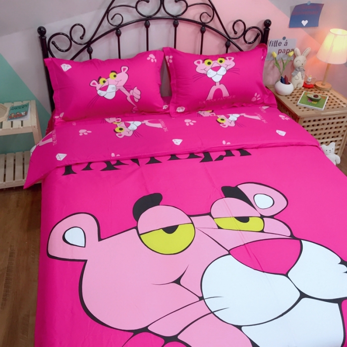 91家纺网 家纺一手货源 找家纺 金爱家 2021新款13070卡通全棉四件套 玫红豹