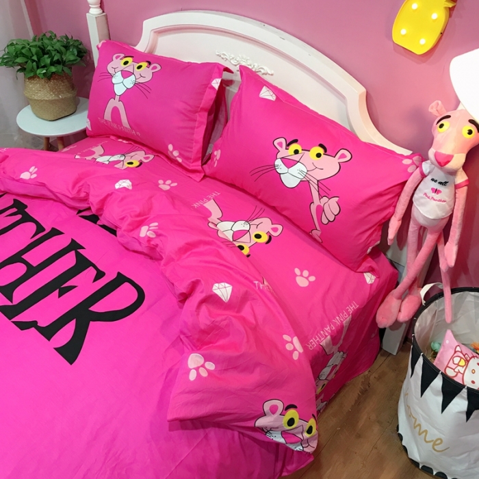 91家纺网 家纺一手货源 找家纺 金爱家 2021新款13070卡通全棉四件套 玫红豹