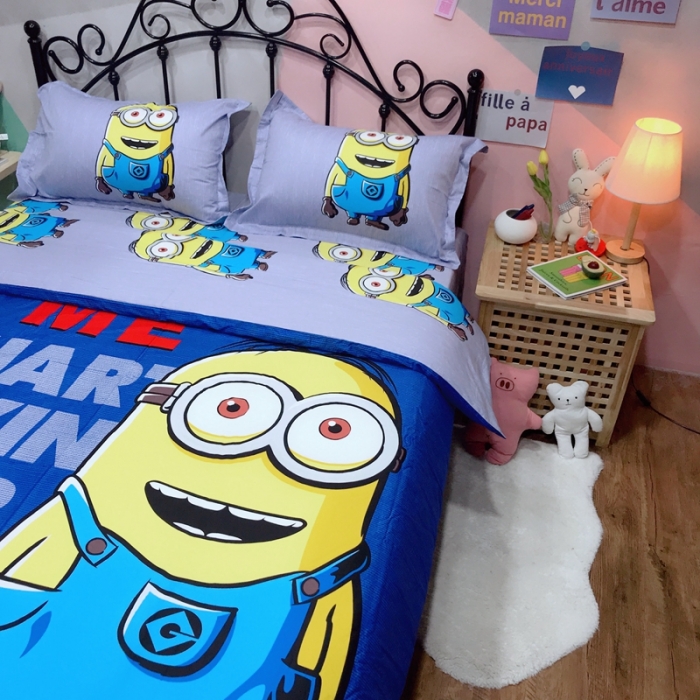 91家纺网 家纺一手货源 找家纺 金爱家 2021新款13070卡通全棉四件套 牛仔小黄人