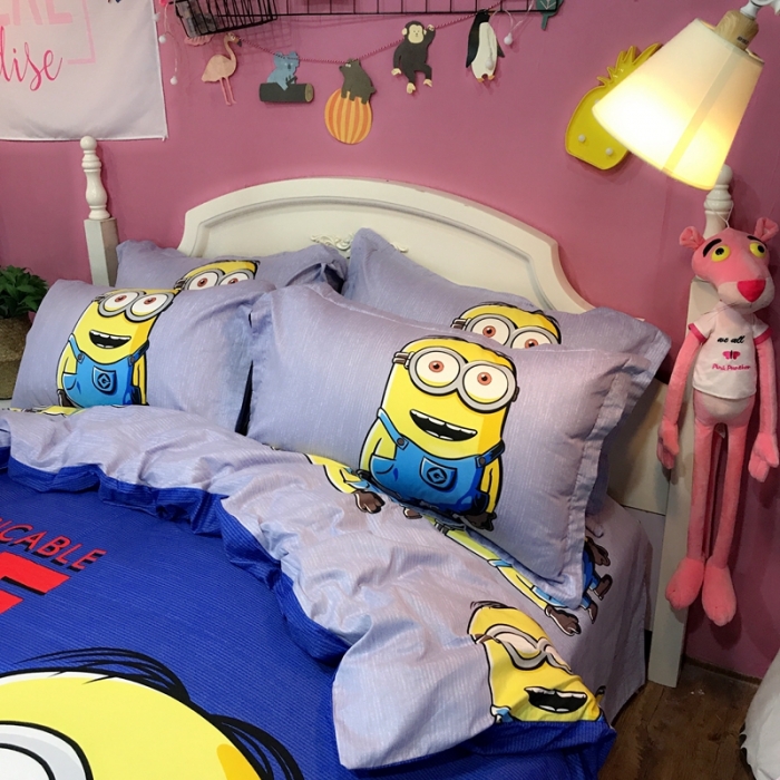 91家纺网 家纺一手货源 找家纺 金爱家 2021新款13070卡通全棉四件套 牛仔小黄人