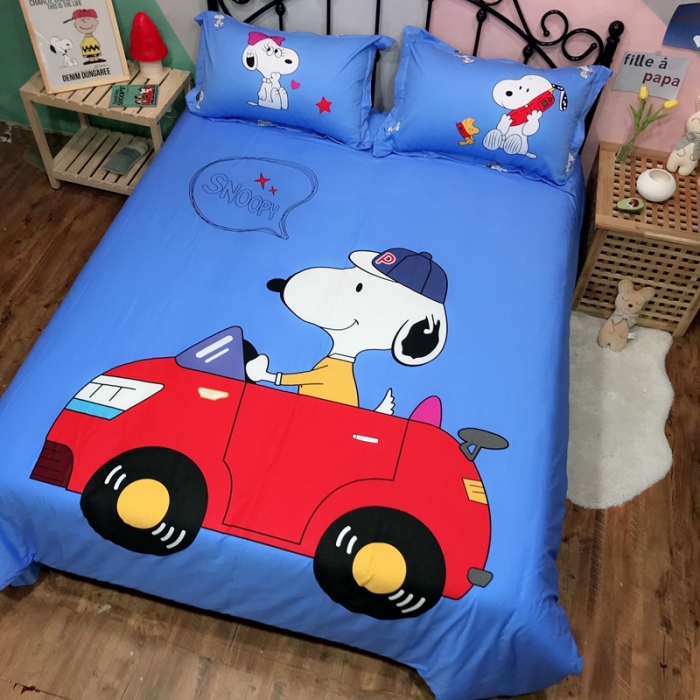 91家纺网 家纺一手货源 找家纺 金爱家 2021新款13070卡通全棉四件套 史努比蓝