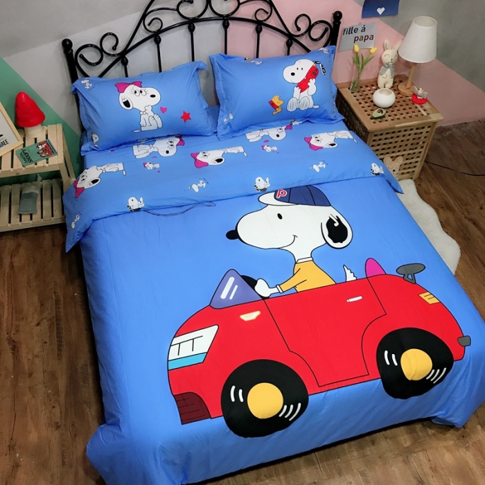 91家纺网 家纺一手货源 找家纺 金爱家 2021新款13070卡通全棉四件套 史努比蓝