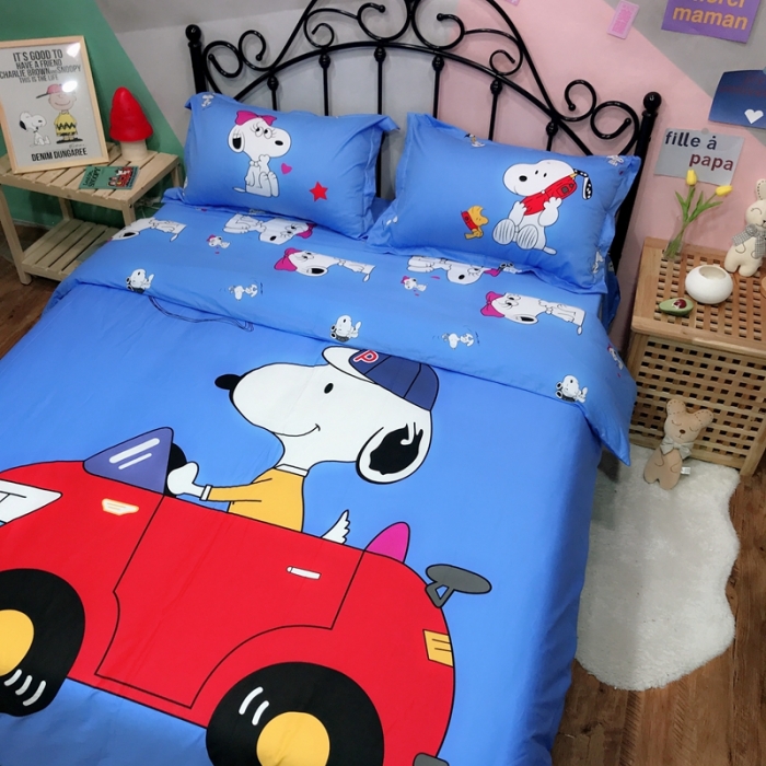 91家纺网 家纺一手货源 找家纺 金爱家 2021新款13070卡通全棉四件套 史努比蓝