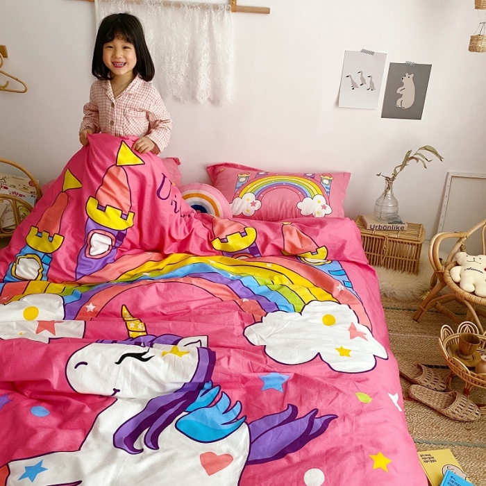 91家纺网 家纺一手货源 找家纺 金爱家 2021新款13372卡通全棉四件套 独家彩虹小马