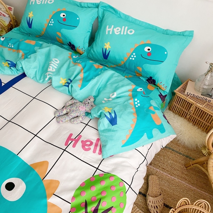 91家纺网 家纺一手货源 找家纺 金爱家 2021新款13372卡通全棉四件套 独家恐龙森林白