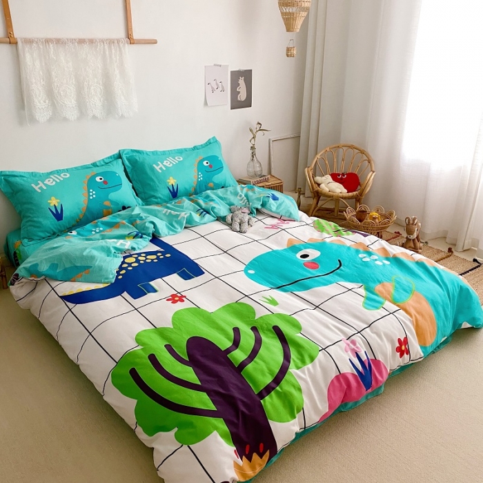 91家纺网 家纺一手货源 找家纺 金爱家 2021新款13372卡通全棉四件套 独家恐龙森林白