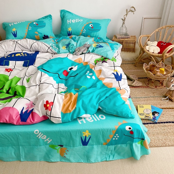 91家纺网 家纺一手货源 找家纺 金爱家 2021新款13372卡通全棉四件套 独家恐龙森林白