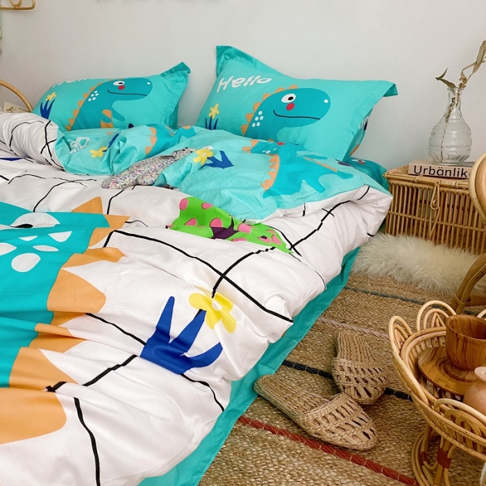 91家纺网 家纺一手货源 找家纺 金爱家 2021新款13372卡通全棉四件套 独家恐龙森林白