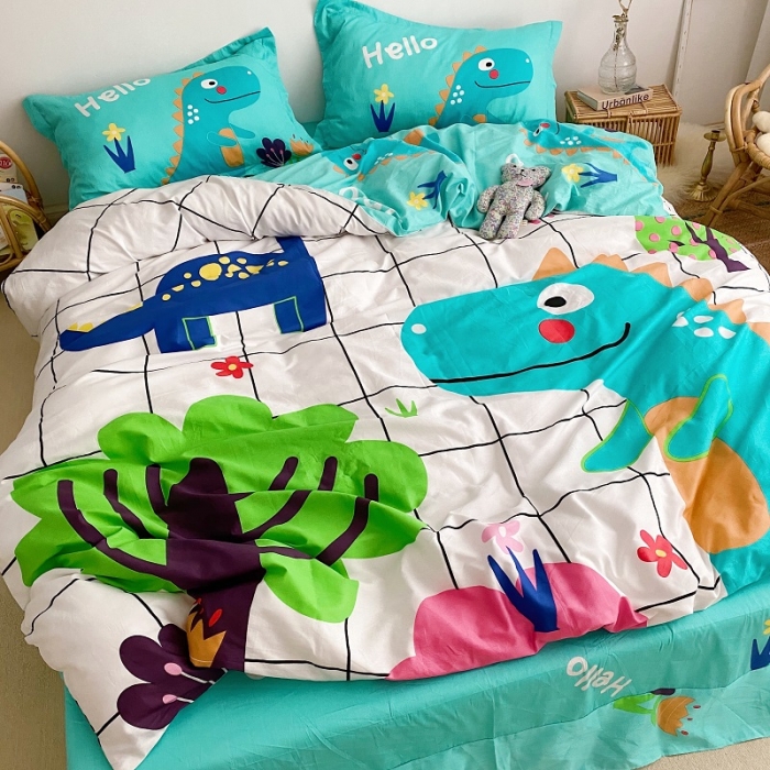 91家纺网 家纺一手货源 找家纺 金爱家 2021新款13372卡通全棉四件套 独家恐龙森林白