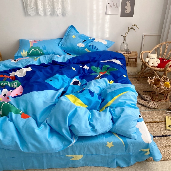 91家纺网 家纺一手货源 找家纺 金爱家 2021新款13372卡通全棉四件套 独家恐龙森林蓝