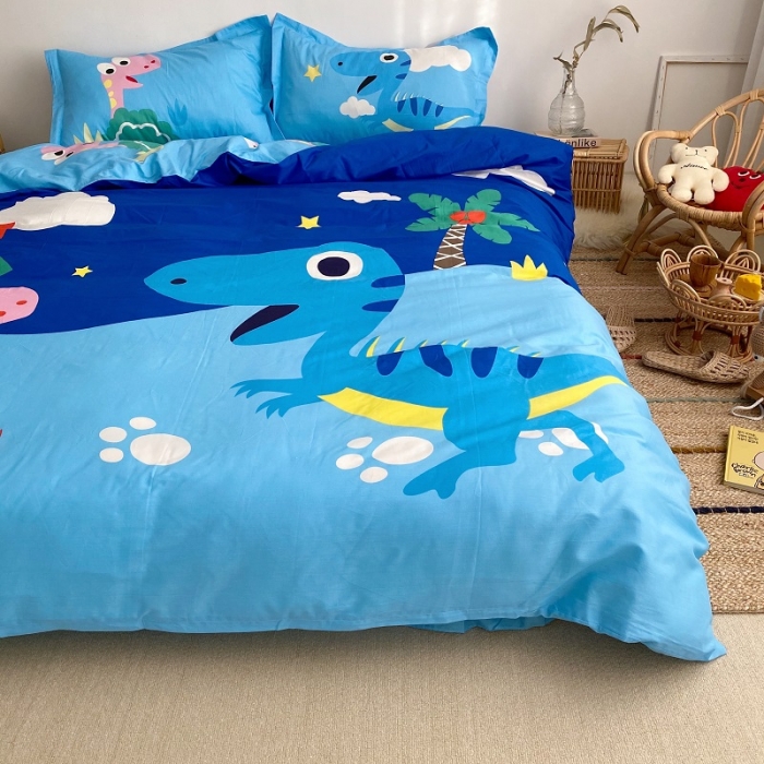 91家纺网 家纺一手货源 找家纺 金爱家 2021新款13372卡通全棉四件套 独家恐龙森林蓝