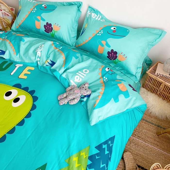 91家纺网 家纺一手货源 找家纺 金爱家 2021新款13372卡通全棉四件套 独家恐龙森林绿