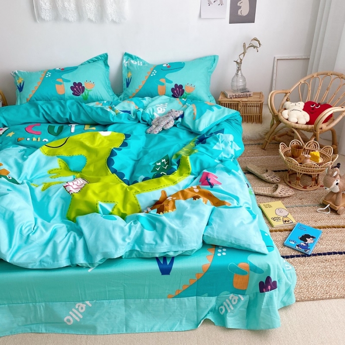 91家纺网 家纺一手货源 找家纺 金爱家 2021新款13372卡通全棉四件套 独家恐龙森林绿