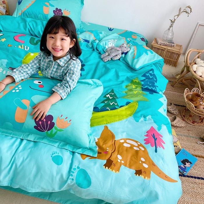 91家纺网 家纺一手货源 找家纺 金爱家 2021新款13372卡通全棉四件套 独家恐龙森林绿